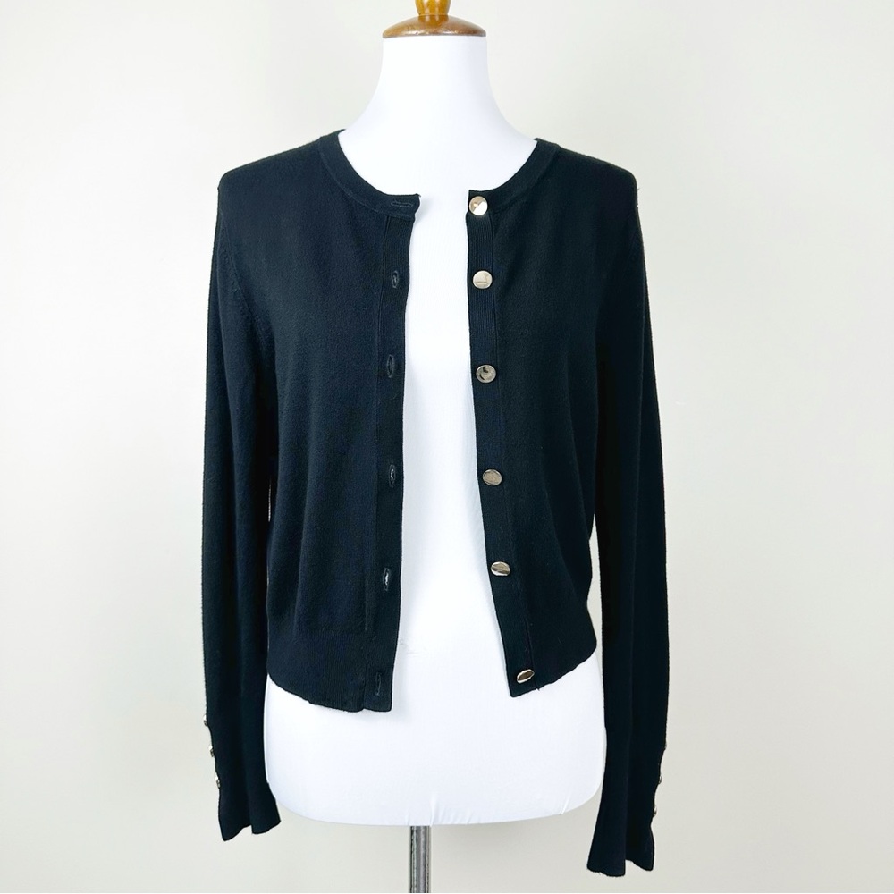 Zara Knit Sweater Cardigan Large Long Sleeve Black Gold Button